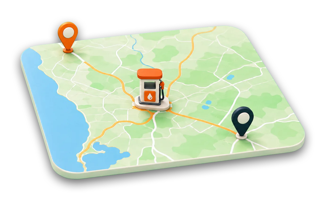 Mapa com um percurso entre dois pontos e um posto de combustível a caminho