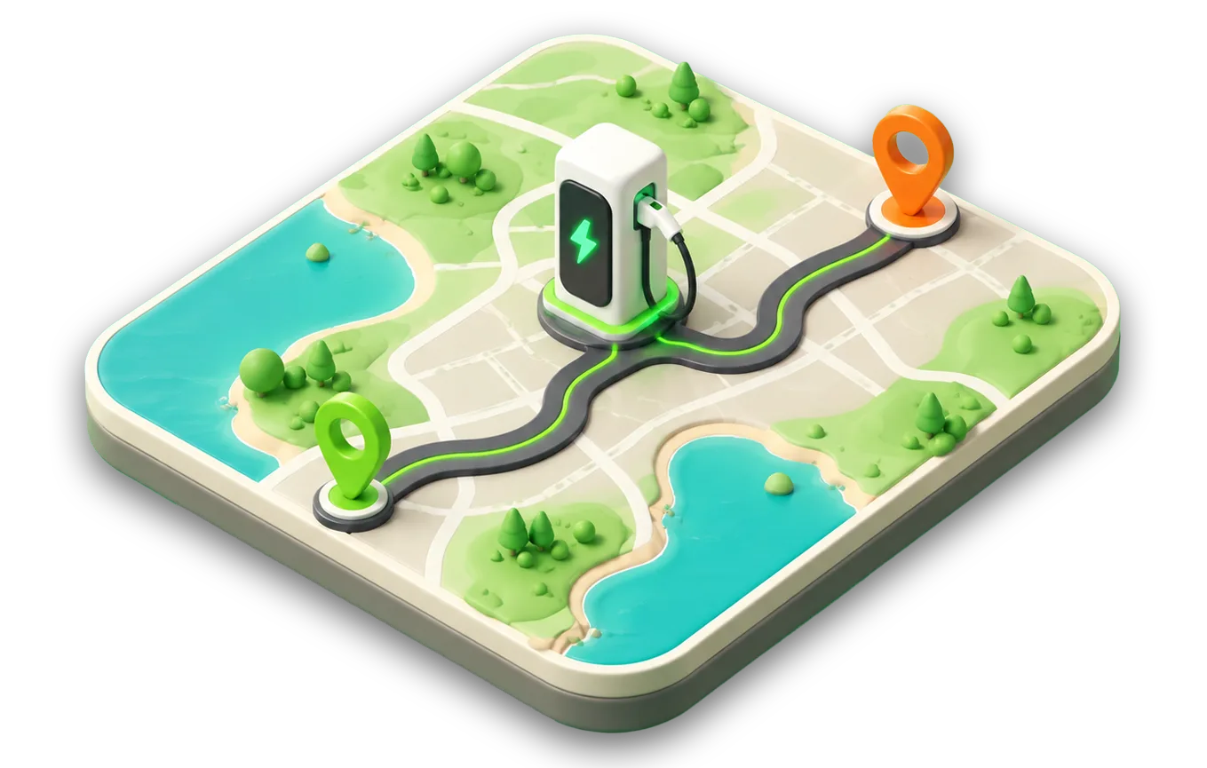 Mapa com um percurso entre dois pontos e um posto de carregamento elétrico a caminho